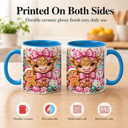 #pl[11oz|Blue] Highland Cow Coffee Mug, Pink Christmas Mug, Ceramic Cup