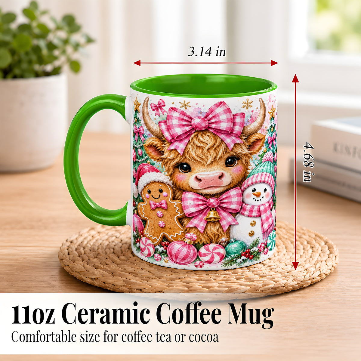 #pl[11oz|Green] Highland Cow Coffee Mug, Pink Christmas Mug, Ceramic Cup