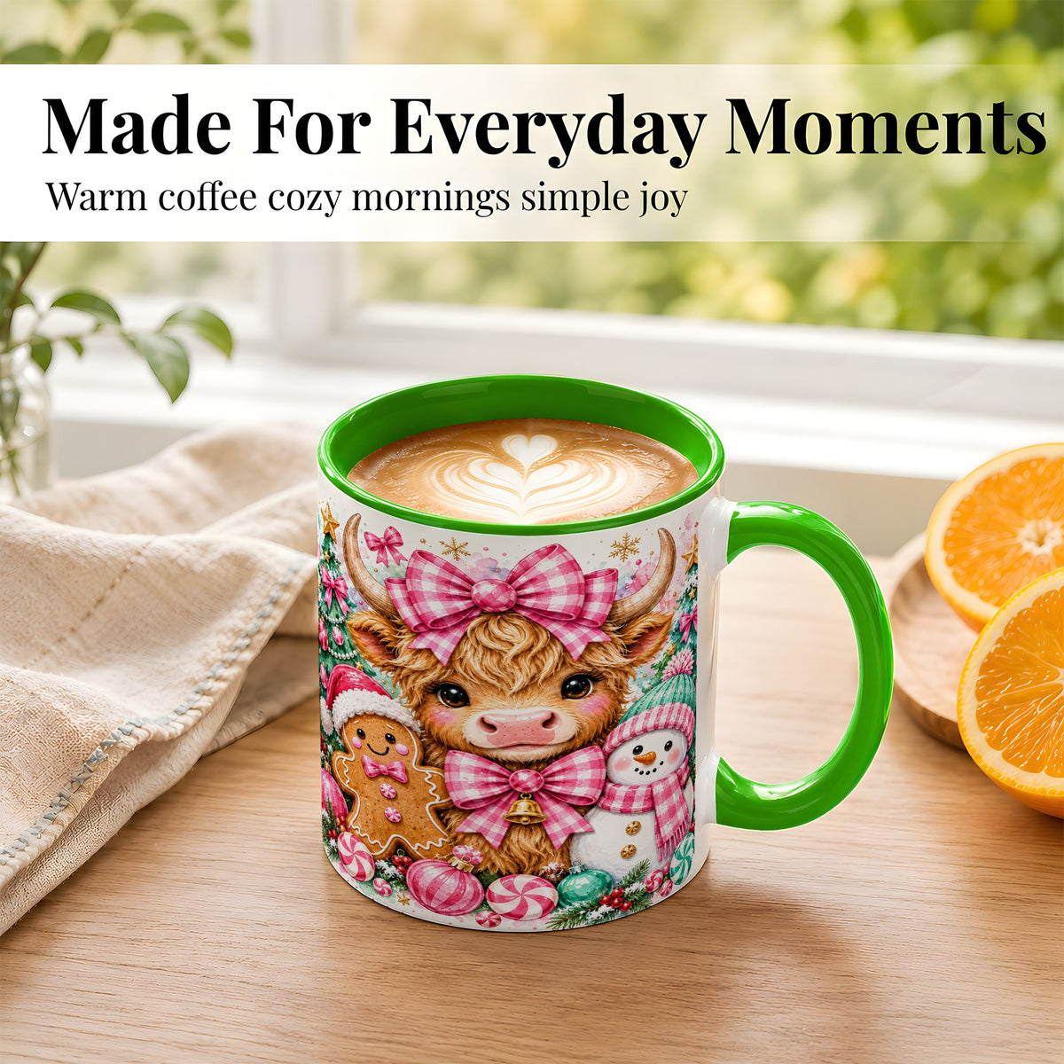 #pl[11oz|Green] Highland Cow Coffee Mug, Pink Christmas Mug, Ceramic Cup