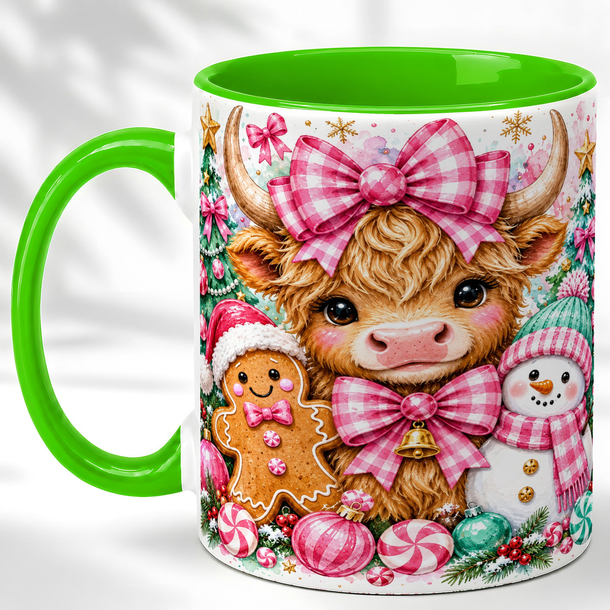 #pl[11oz|Green] Highland Cow Coffee Mug, Pink Christmas Mug, Ceramic Cup