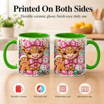 #pl[11oz|Green] Highland Cow Coffee Mug, Pink Christmas Mug, Ceramic Cup