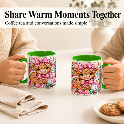 #pl[11oz|Green] Highland Cow Coffee Mug, Pink Christmas Mug, Ceramic Cup