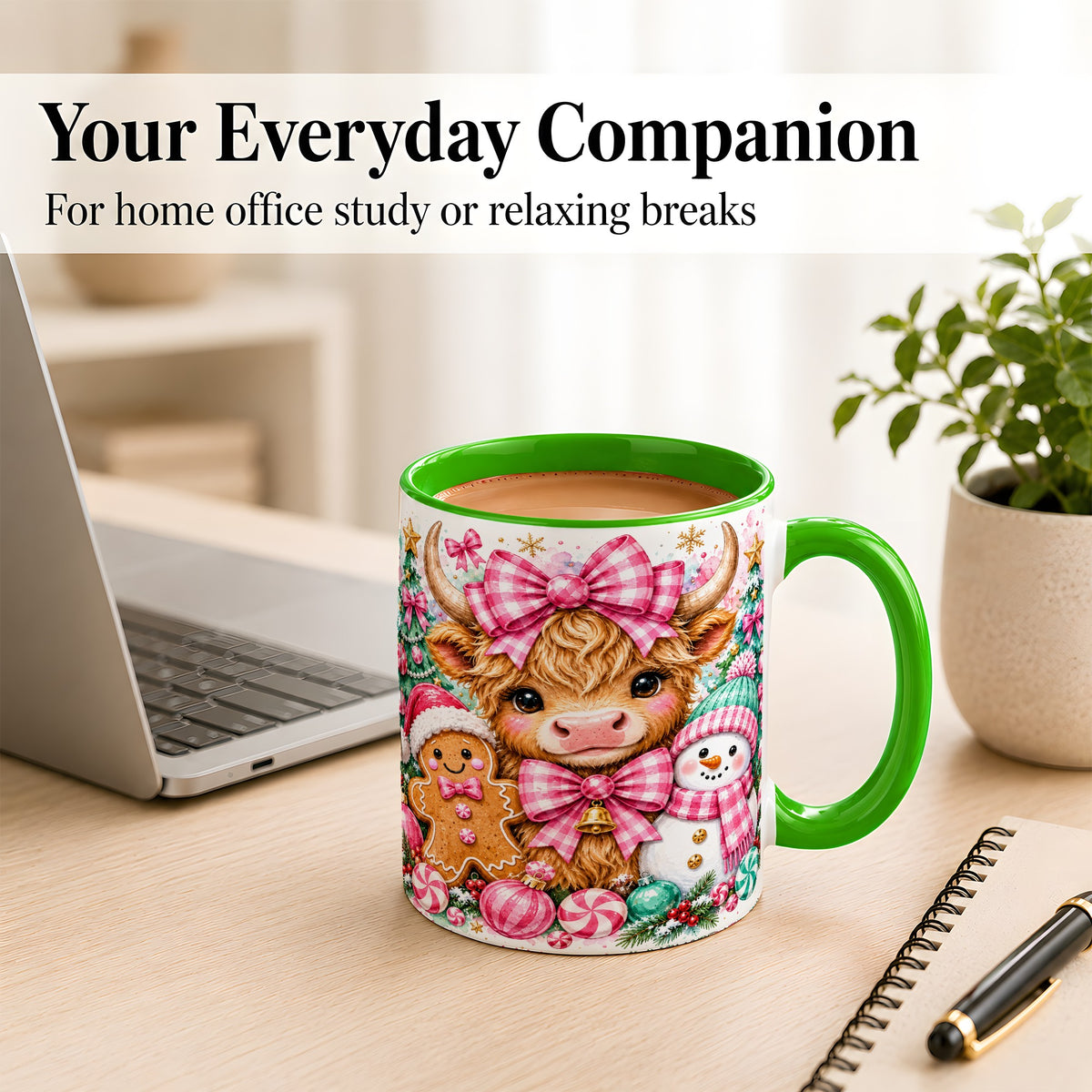 #pl[11oz|Green] Highland Cow Coffee Mug, Pink Christmas Mug, Ceramic Cup