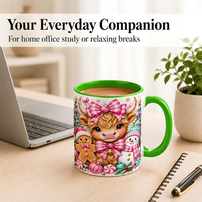 #pl[11oz|Green] Highland Cow Coffee Mug, Pink Christmas Mug, Ceramic Cup