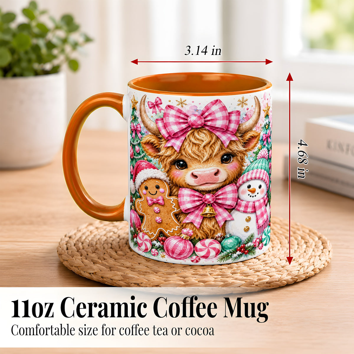 #pl[11oz|Orange] Highland Cow Coffee Mug, Pink Christmas Mug, Ceramic Cup