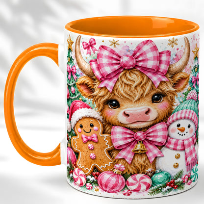 #pl[11oz|Orange] Highland Cow Coffee Mug, Pink Christmas Mug, Ceramic Cup
