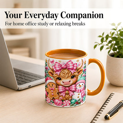 #pl[11oz|Orange] Highland Cow Coffee Mug, Pink Christmas Mug, Ceramic Cup