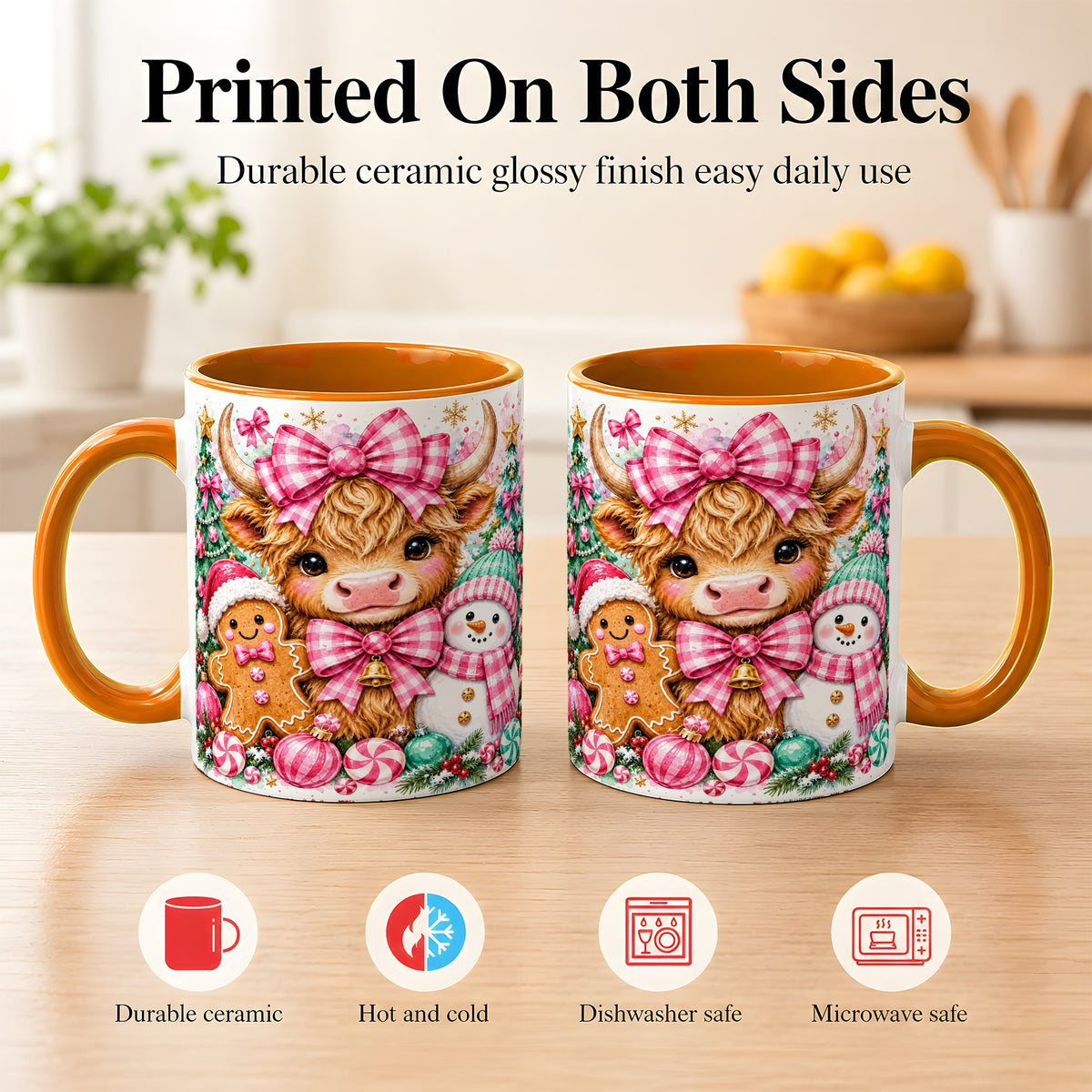 #pl[11oz|Orange] Highland Cow Coffee Mug, Pink Christmas Mug, Ceramic Cup