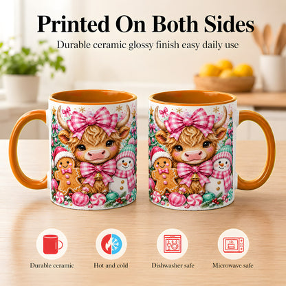 #pl[11oz|Orange] Highland Cow Coffee Mug, Pink Christmas Mug, Ceramic Cup