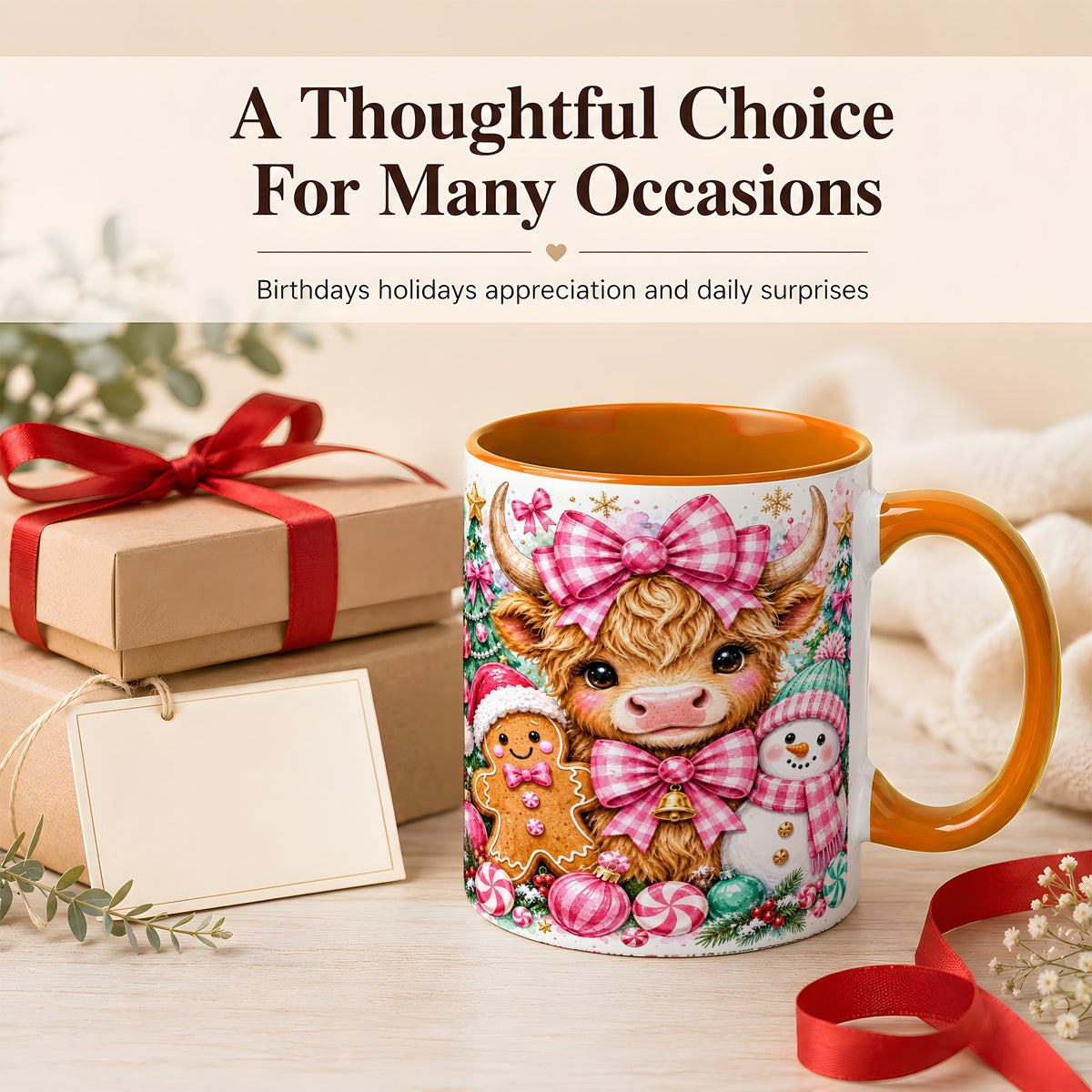 #pl[11oz|Orange] Highland Cow Coffee Mug, Pink Christmas Mug, Ceramic Cup