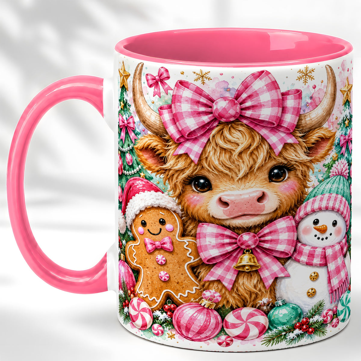 #pl[11oz|Pink] Highland Cow Coffee Mug, Pink Christmas Mug, Ceramic Cup