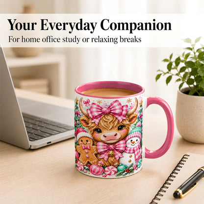 #pl[11oz|Pink] Highland Cow Coffee Mug, Pink Christmas Mug, Ceramic Cup