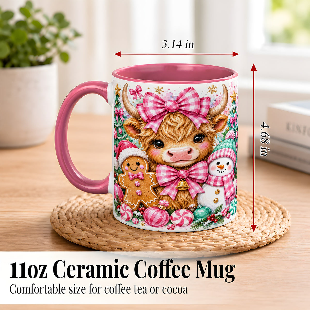 #pl[11oz|Pink] Highland Cow Coffee Mug, Pink Christmas Mug, Ceramic Cup