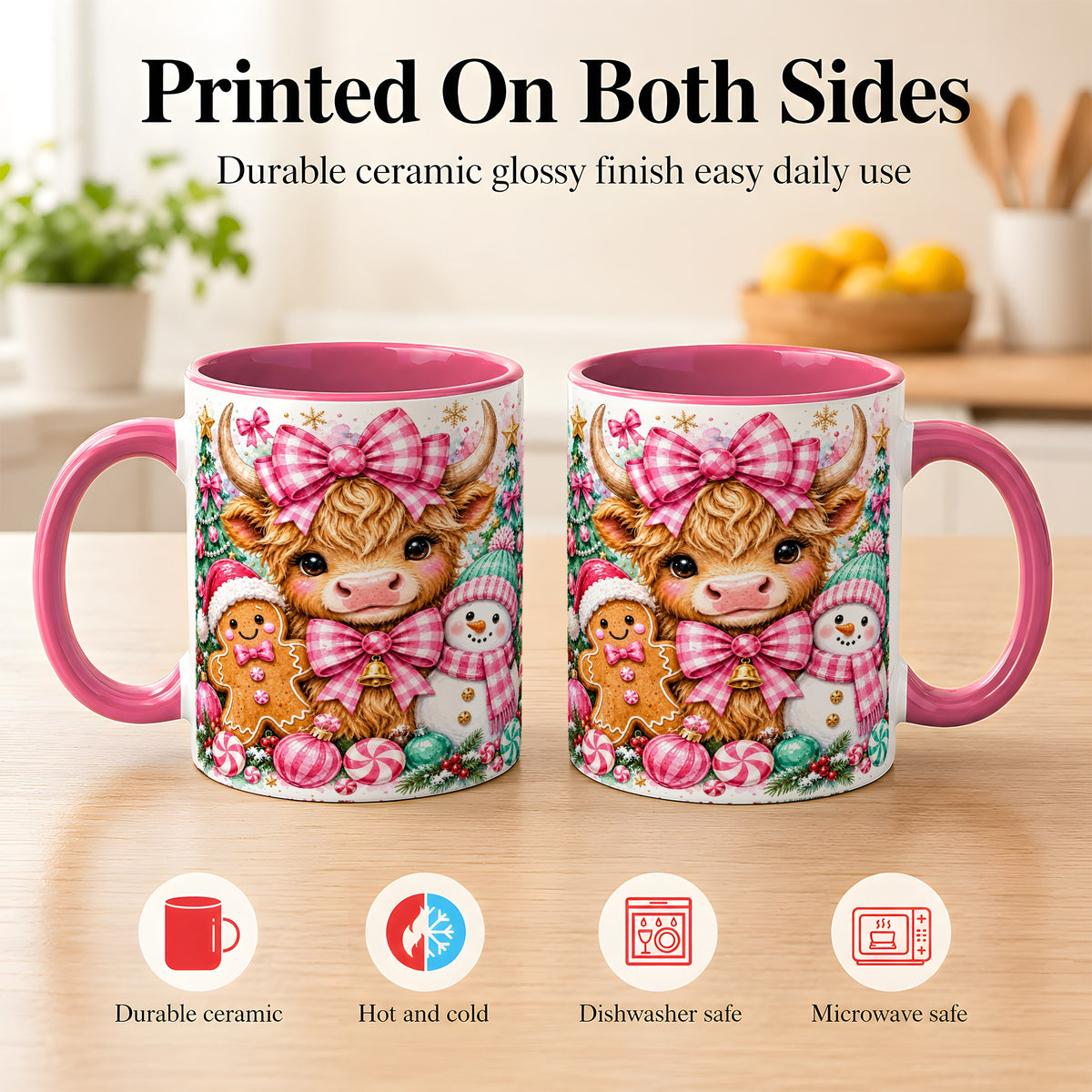 #pl[11oz|Pink] Highland Cow Coffee Mug, Pink Christmas Mug, Ceramic Cup