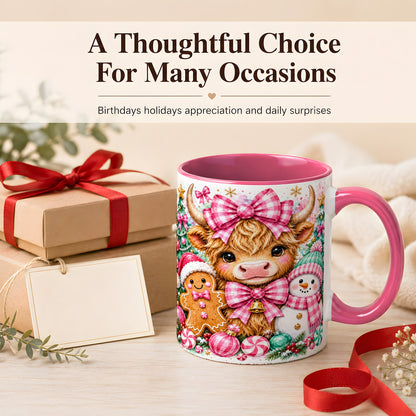 #pl[11oz|Pink] Highland Cow Coffee Mug, Pink Christmas Mug, Ceramic Cup
