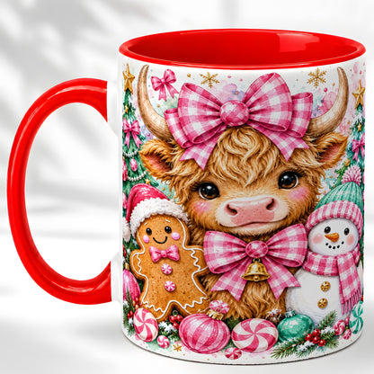 Highland Cow Coffee Mug, Pink Christmas Mug, Ceramic Cup