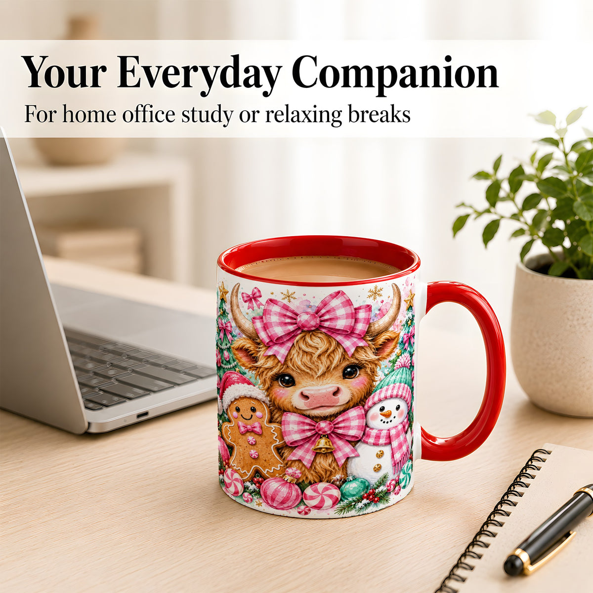 #pl[11oz|Red] Highland Cow Coffee Mug, Pink Christmas Mug, Ceramic Cup