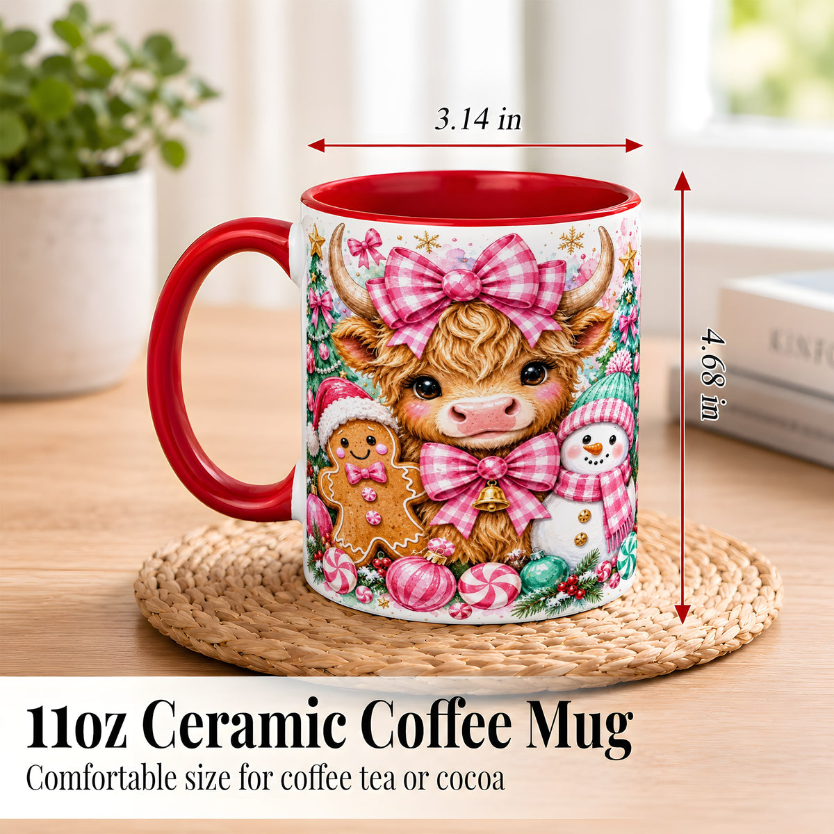 #pl[11oz|Red] Highland Cow Coffee Mug, Pink Christmas Mug, Ceramic Cup