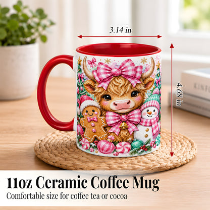 #pl[11oz|Red] Highland Cow Coffee Mug, Pink Christmas Mug, Ceramic Cup
