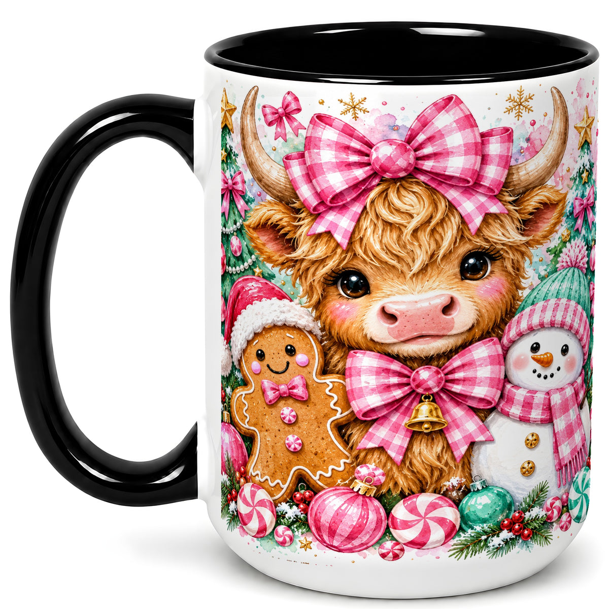 #pl[15oz|Black] Highland Cow Coffee Mug, Pink Christmas Mug, Ceramic Cup
