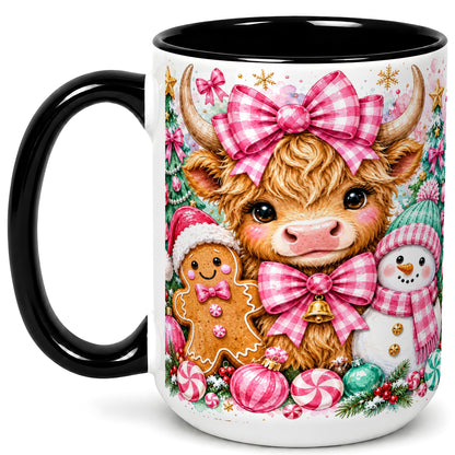 #pl[15oz|Black] Highland Cow Coffee Mug, Pink Christmas Mug, Ceramic Cup