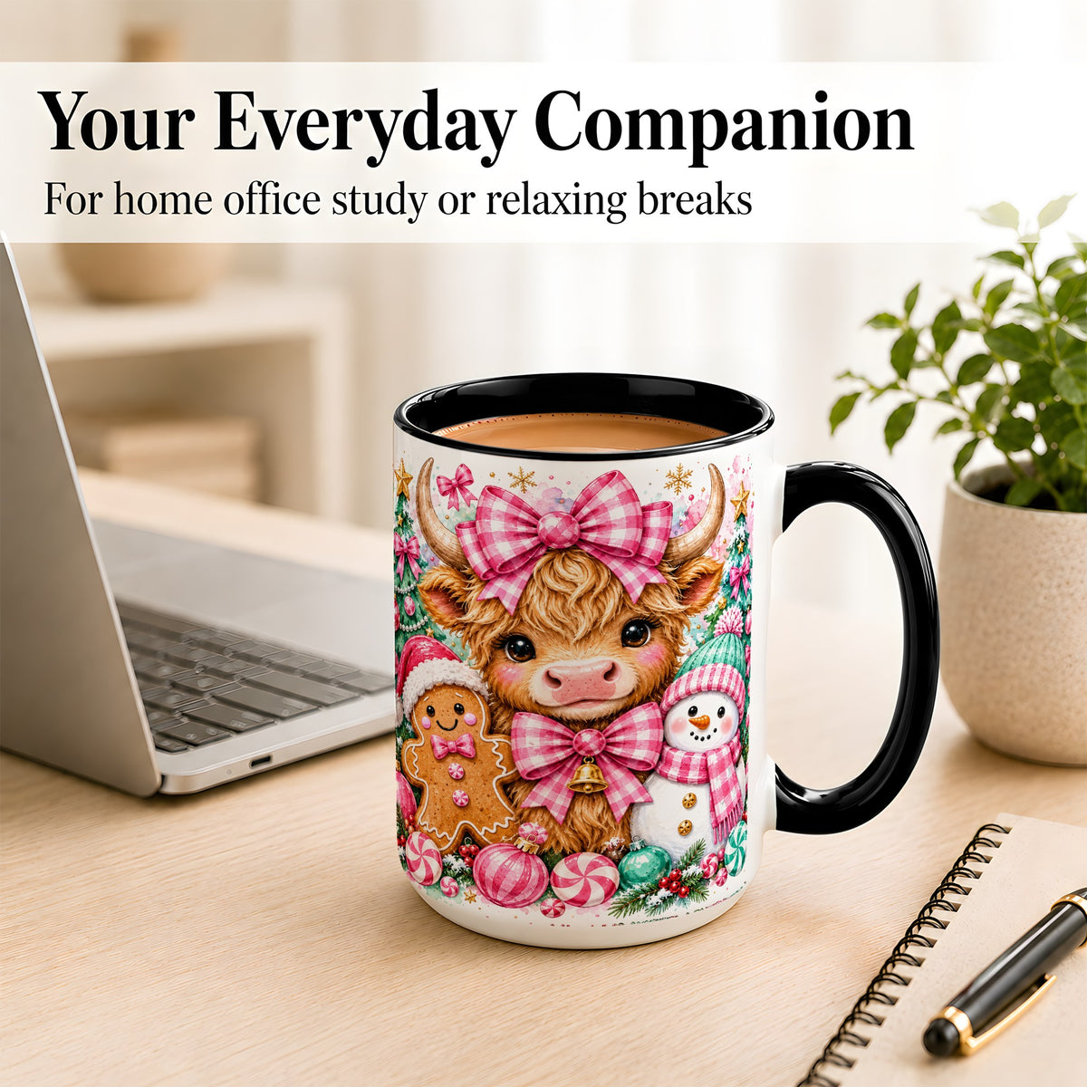 #pl[15oz|Black] Highland Cow Coffee Mug, Pink Christmas Mug, Ceramic Cup