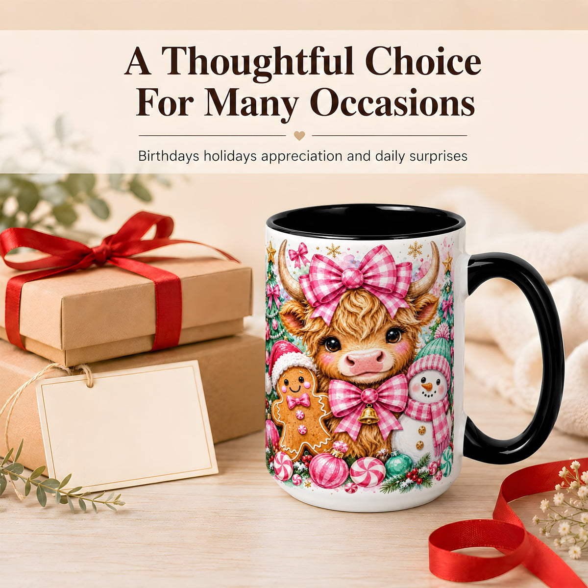 #pl[15oz|Black] Highland Cow Coffee Mug, Pink Christmas Mug, Ceramic Cup