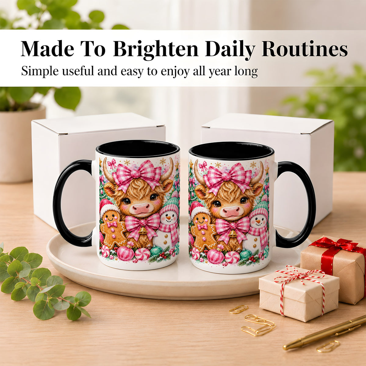 #pl[15oz|Black] Highland Cow Coffee Mug, Pink Christmas Mug, Ceramic Cup