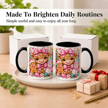 #pl[15oz|Black] Highland Cow Coffee Mug, Pink Christmas Mug, Ceramic Cup