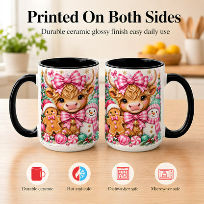 #pl[15oz|Black] Highland Cow Coffee Mug, Pink Christmas Mug, Ceramic Cup