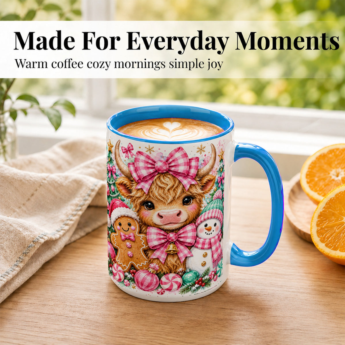 #pl[15oz|Blue] Highland Cow Coffee Mug, Pink Christmas Mug, Ceramic Cup