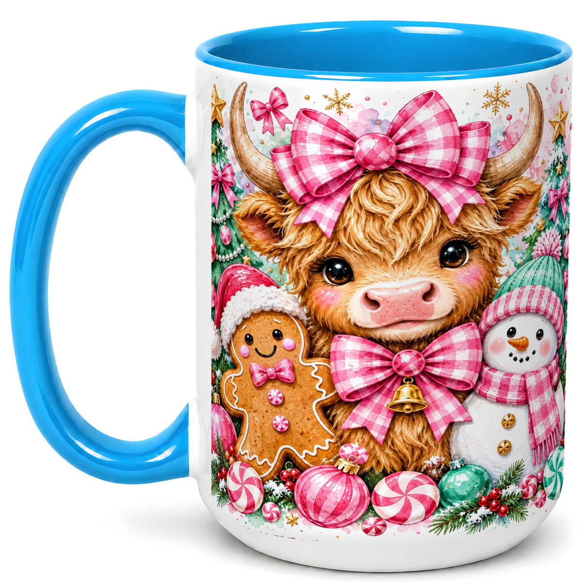 #pl[15oz|Blue] Highland Cow Coffee Mug, Pink Christmas Mug, Ceramic Cup