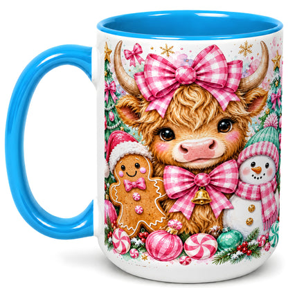 #pl[15oz|Blue] Highland Cow Coffee Mug, Pink Christmas Mug, Ceramic Cup