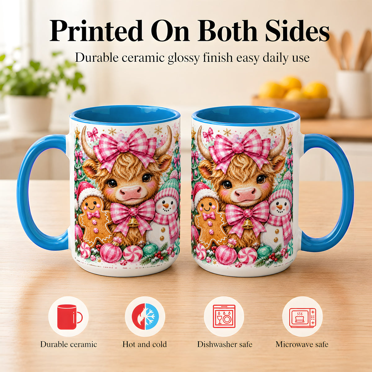 #pl[15oz|Blue] Highland Cow Coffee Mug, Pink Christmas Mug, Ceramic Cup