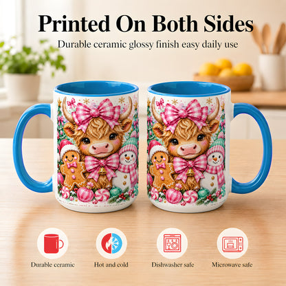 #pl[15oz|Blue] Highland Cow Coffee Mug, Pink Christmas Mug, Ceramic Cup