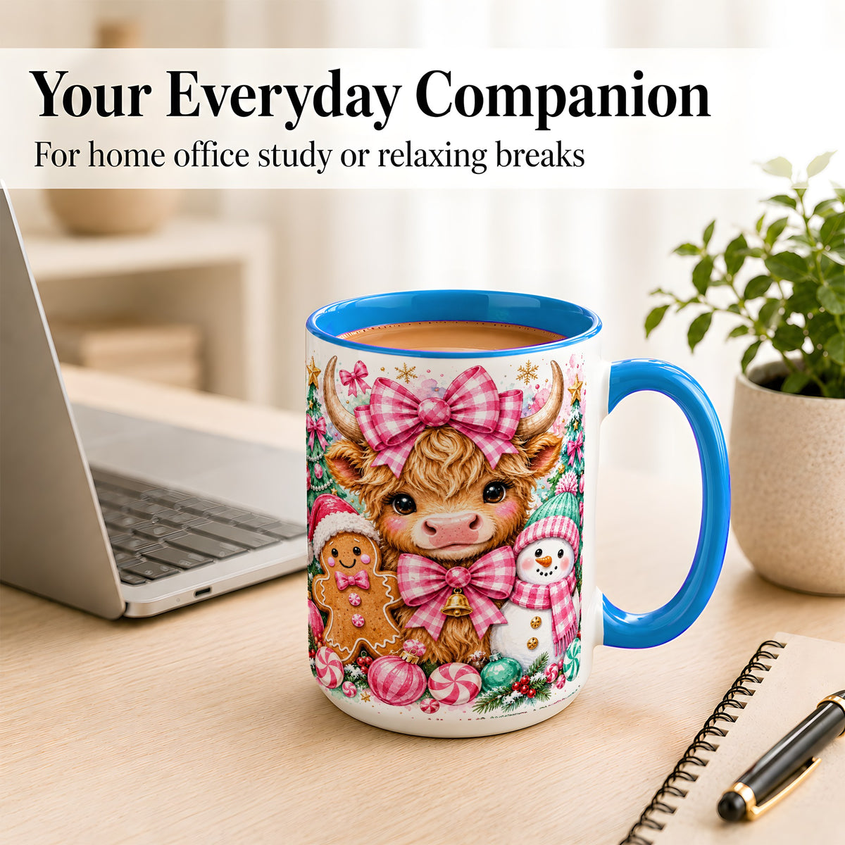 #pl[15oz|Blue] Highland Cow Coffee Mug, Pink Christmas Mug, Ceramic Cup