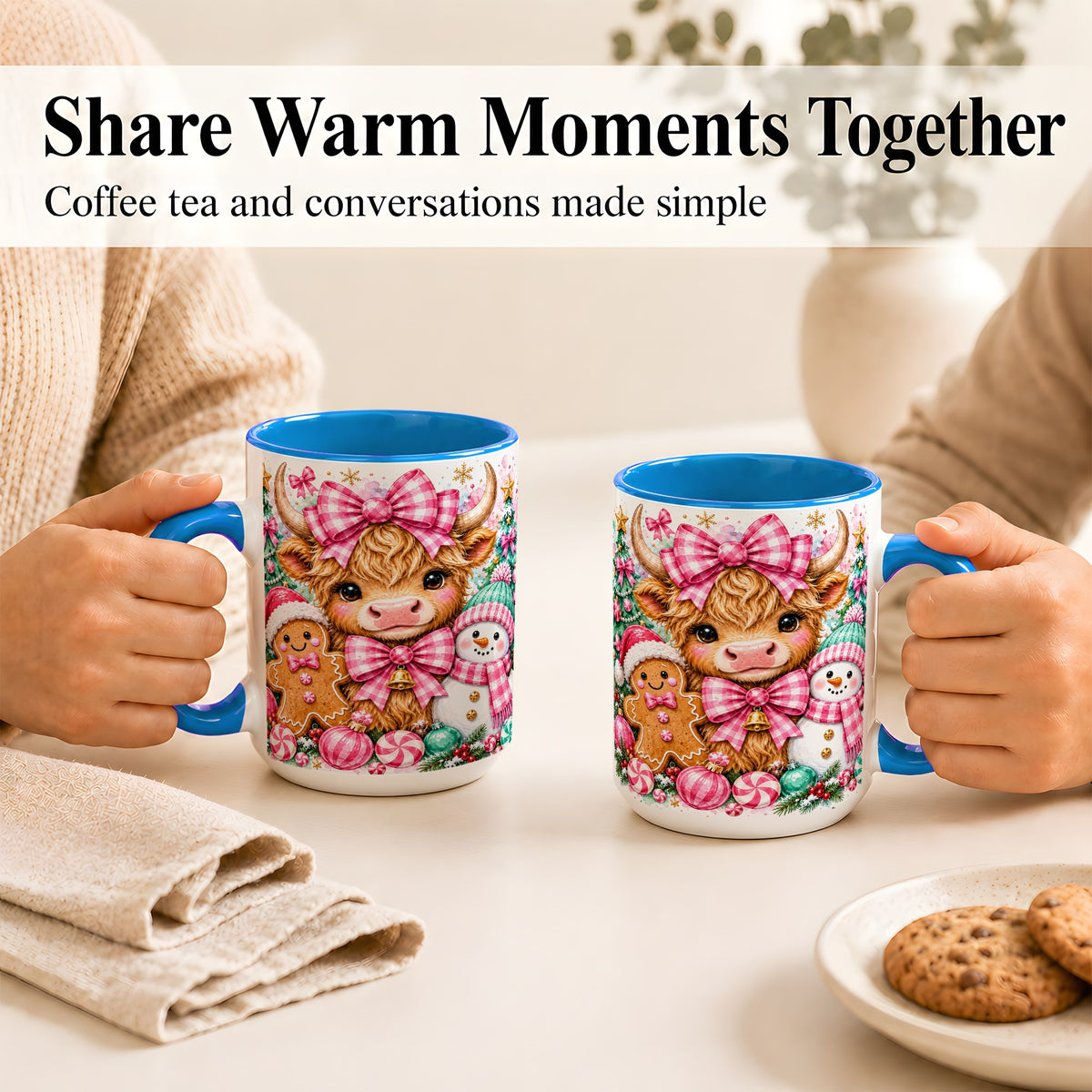 #pl[15oz|Blue] Highland Cow Coffee Mug, Pink Christmas Mug, Ceramic Cup