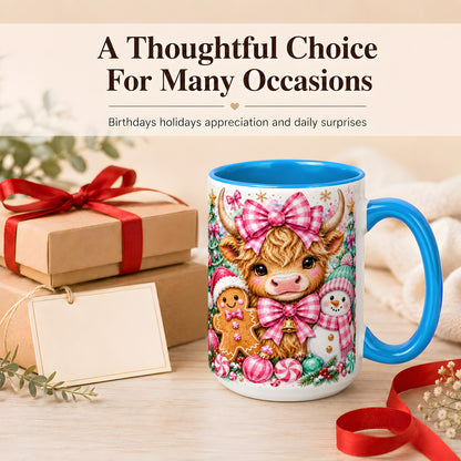 #pl[15oz|Blue] Highland Cow Coffee Mug, Pink Christmas Mug, Ceramic Cup