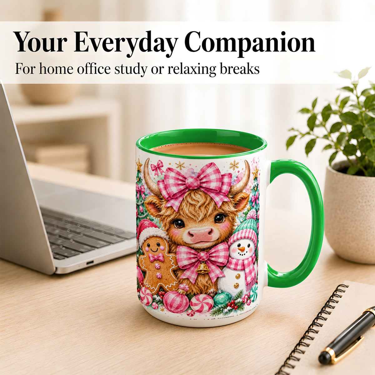 #pl[15oz|Green] Highland Cow Coffee Mug, Pink Christmas Mug, Ceramic Cup