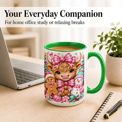 #pl[15oz|Green] Highland Cow Coffee Mug, Pink Christmas Mug, Ceramic Cup