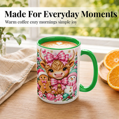 #pl[15oz|Green] Highland Cow Coffee Mug, Pink Christmas Mug, Ceramic Cup