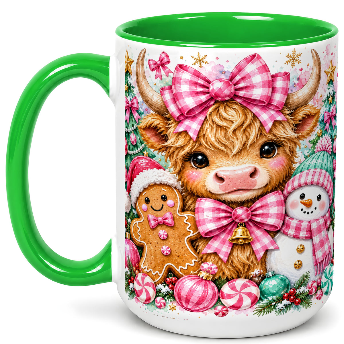 #pl[15oz|Green] Highland Cow Coffee Mug, Pink Christmas Mug, Ceramic Cup