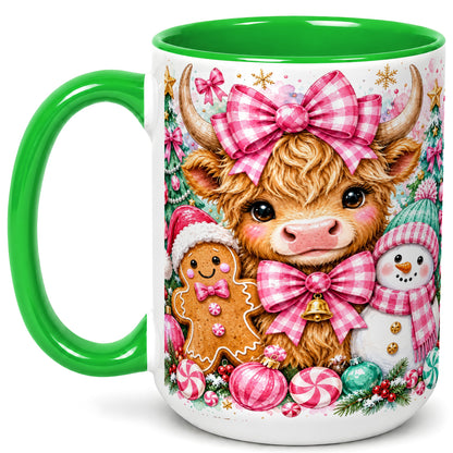 #pl[15oz|Green] Highland Cow Coffee Mug, Pink Christmas Mug, Ceramic Cup