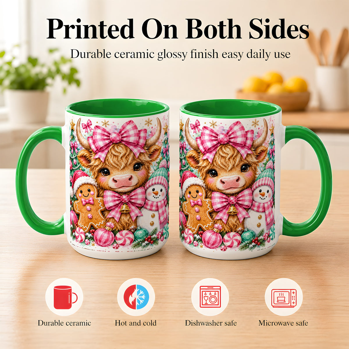 #pl[15oz|Green] Highland Cow Coffee Mug, Pink Christmas Mug, Ceramic Cup