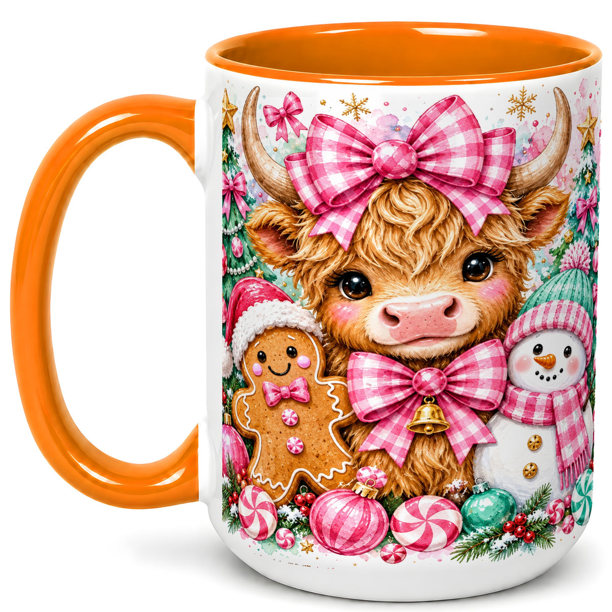 #pl[15oz|Orange] Highland Cow Coffee Mug, Pink Christmas Mug, Ceramic Cup