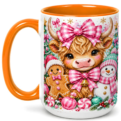 #pl[15oz|Orange] Highland Cow Coffee Mug, Pink Christmas Mug, Ceramic Cup