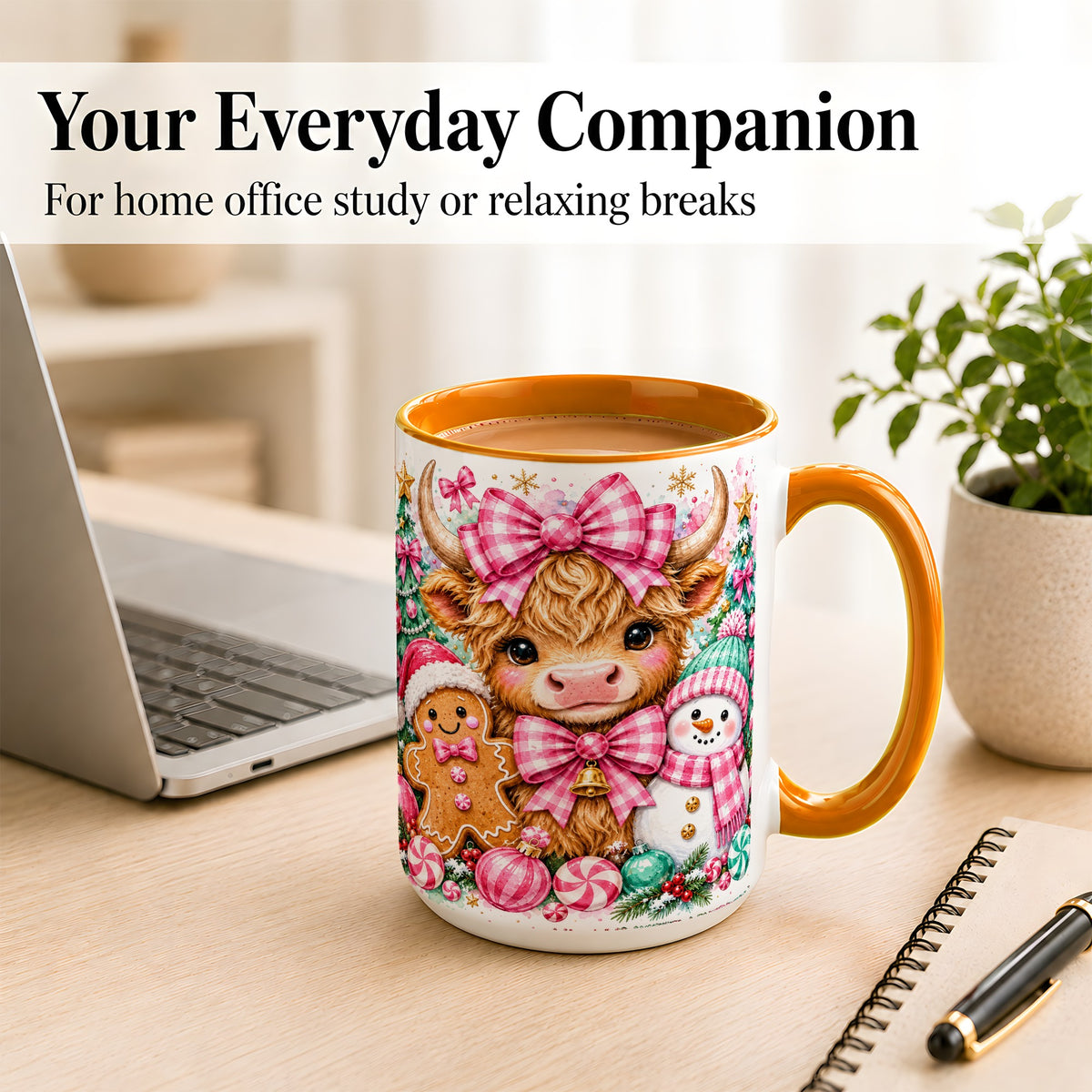 #pl[15oz|Orange] Highland Cow Coffee Mug, Pink Christmas Mug, Ceramic Cup