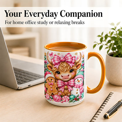 #pl[15oz|Orange] Highland Cow Coffee Mug, Pink Christmas Mug, Ceramic Cup