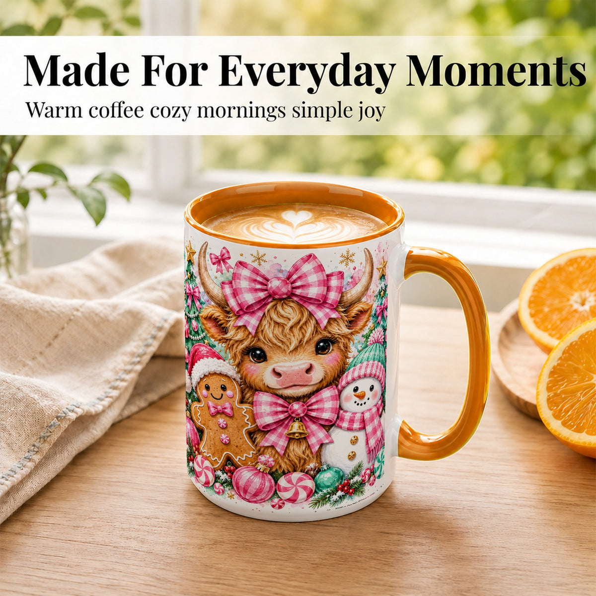 #pl[15oz|Orange] Highland Cow Coffee Mug, Pink Christmas Mug, Ceramic Cup