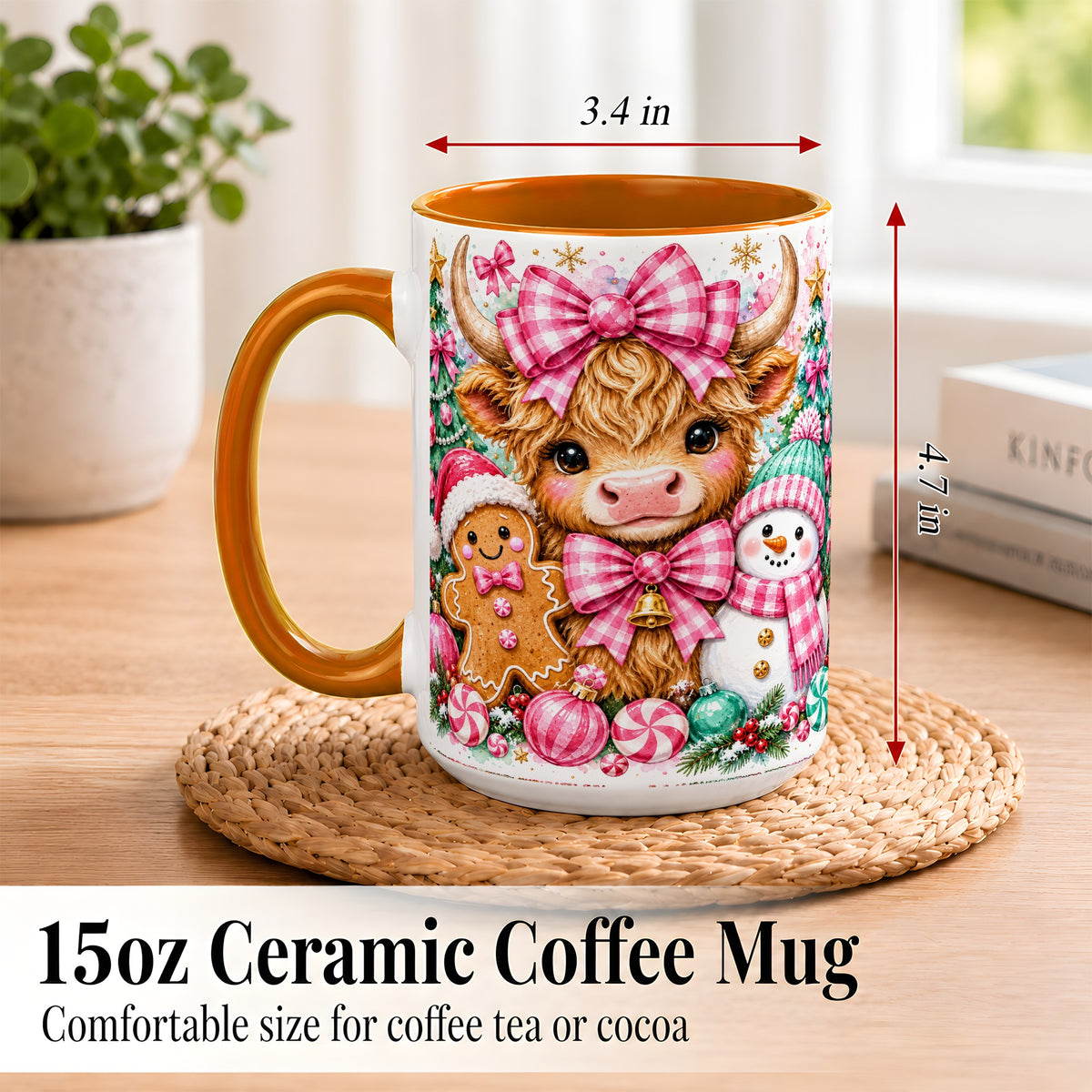 #pl[15oz|Orange] Highland Cow Coffee Mug, Pink Christmas Mug, Ceramic Cup